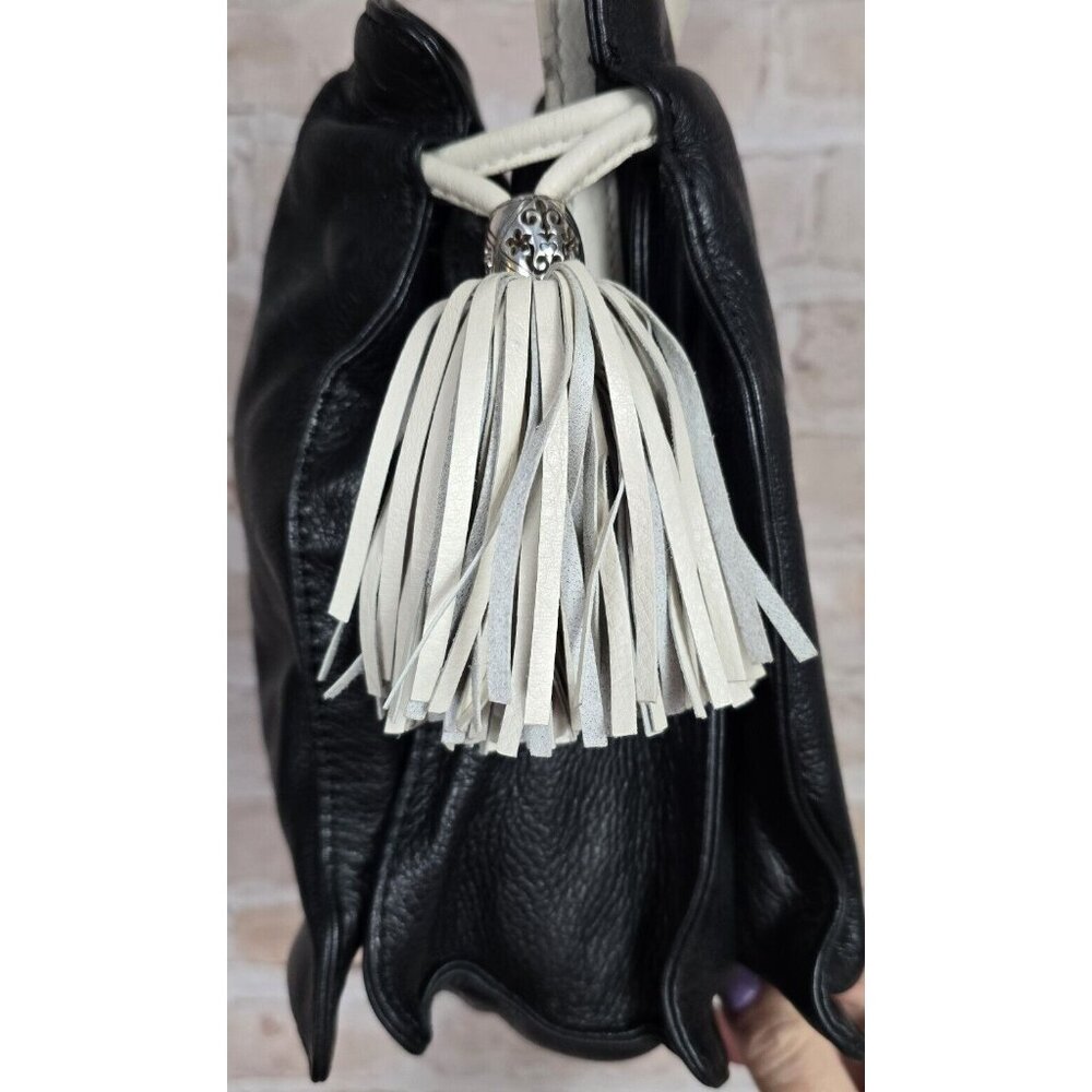 BRIGHTON GLORIETTA Black Leather White Tasseled Crossbody Bag Purse Organizer - Picture 7 of 16